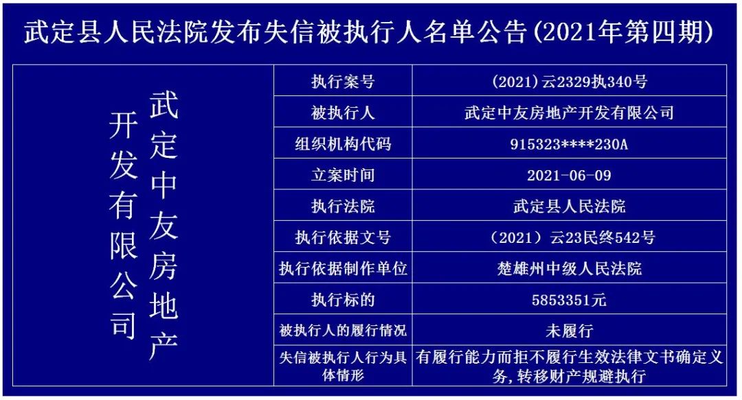武定县人民法院失信被执行人曝光台2021年04期