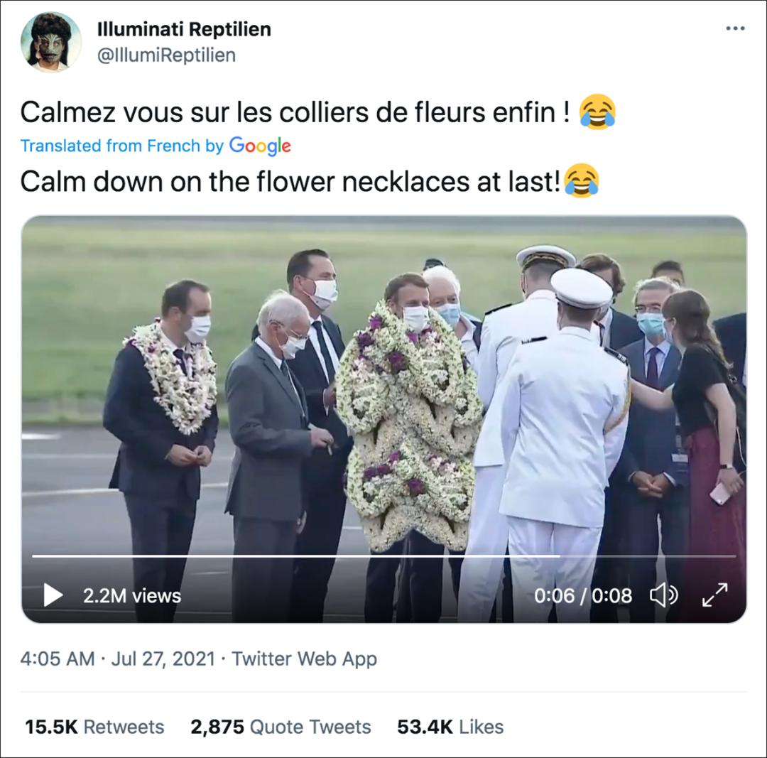 核查马克龙出访全身被花环包裹假