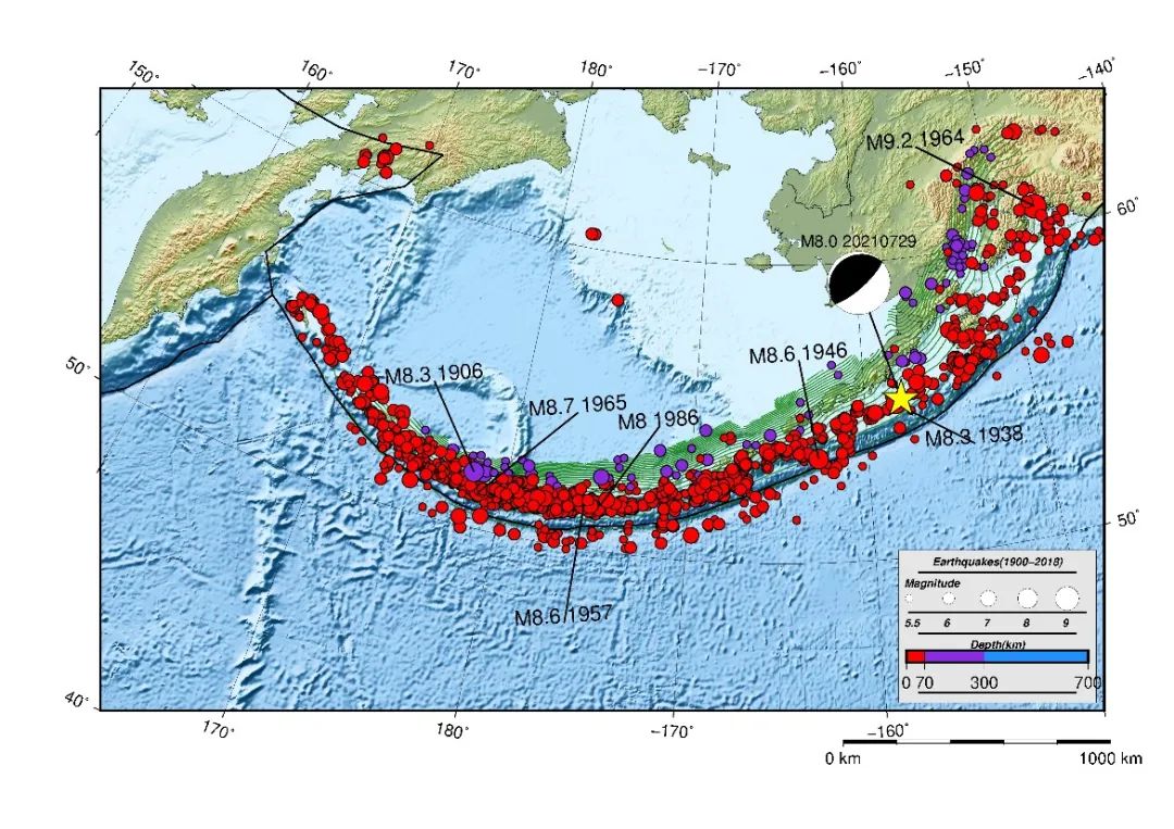 阿留申海沟东起阿拉斯加湾,西至堪察加半岛,全长约 3000公里.