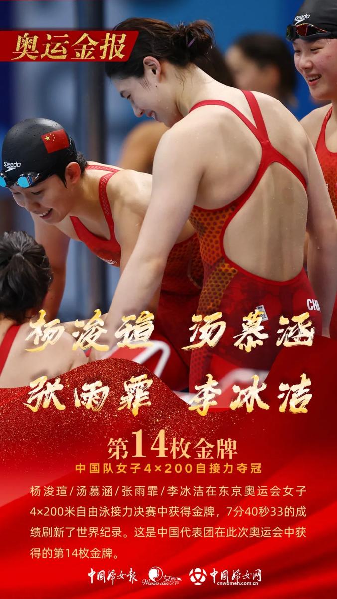 67奥运金报〡中国队第14金游泳女子4x200米自由泳接力夺冠