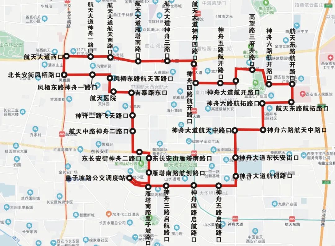 航天环线2号线运行图线路设置站点34个:皇子坡公交调度站,雁塔南路