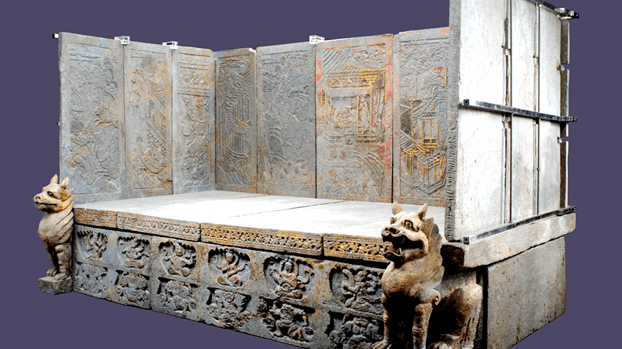 赏古天地天水市博物馆隋贴金彩绘屏风式石棺床一