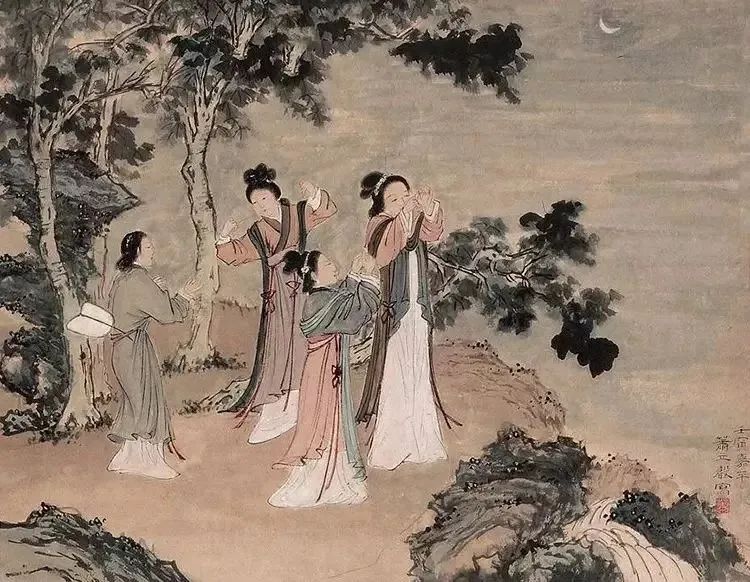 对月穿针七夕之夜,女子手执五色丝线和连续排列的乞巧针穿针引线,先穿