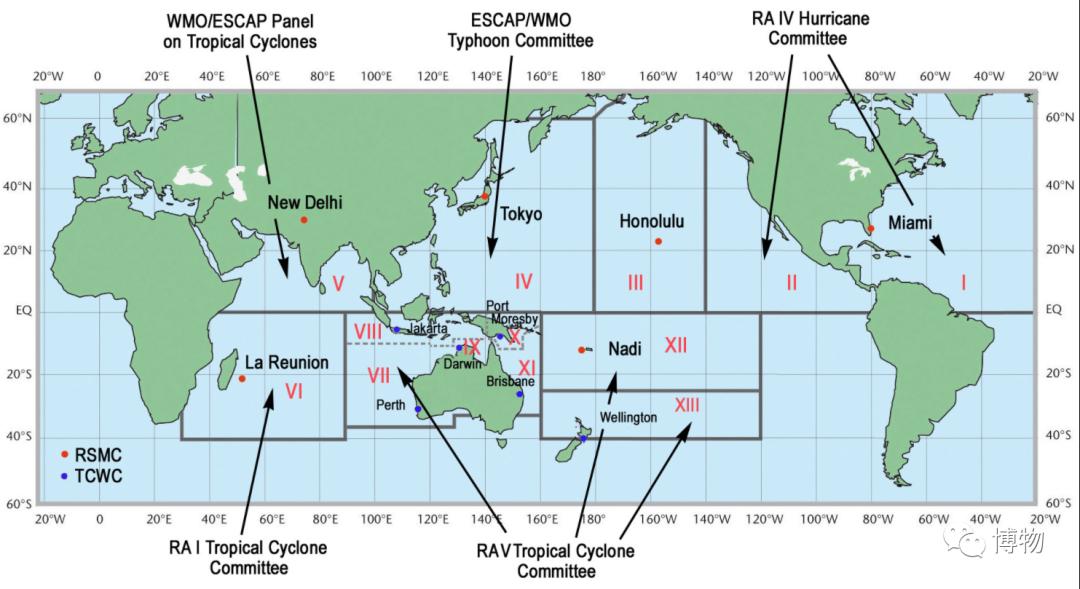 世界气象组织（WMO）对全球热带气旋监测区域的分区。其中第IV区生成的热带气旋被称作“台风”。