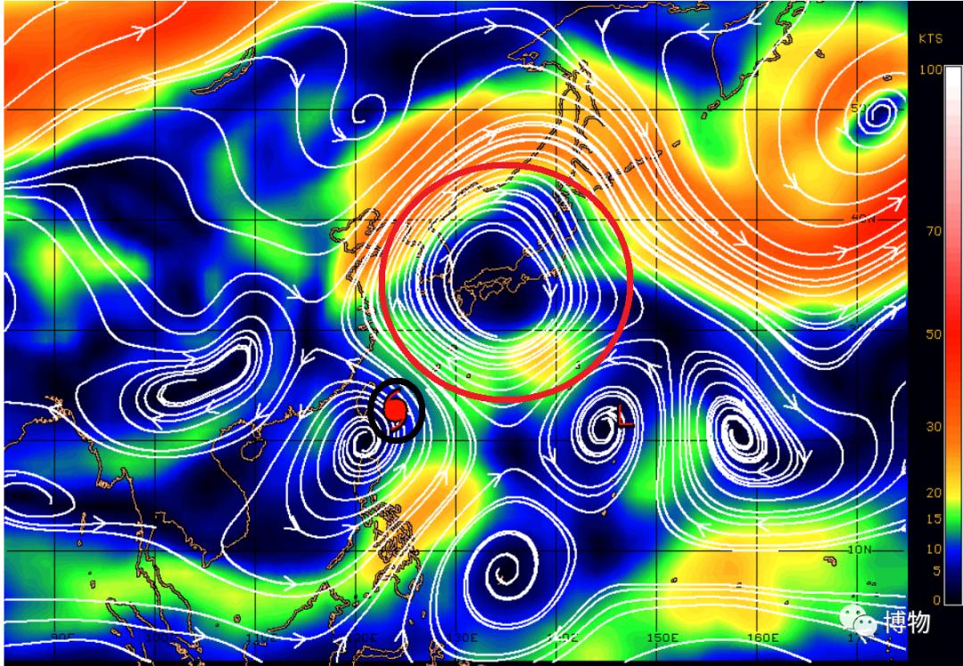 2015年第13号台风“苏迪罗”（黑色圈标明的台风记号）接近我国沿海时的引导气流图。红色圈即副热带高压，位于其中心西南侧的东南风（白色箭头），让苏迪罗向西北方向移动，最终登陆台湾福建。