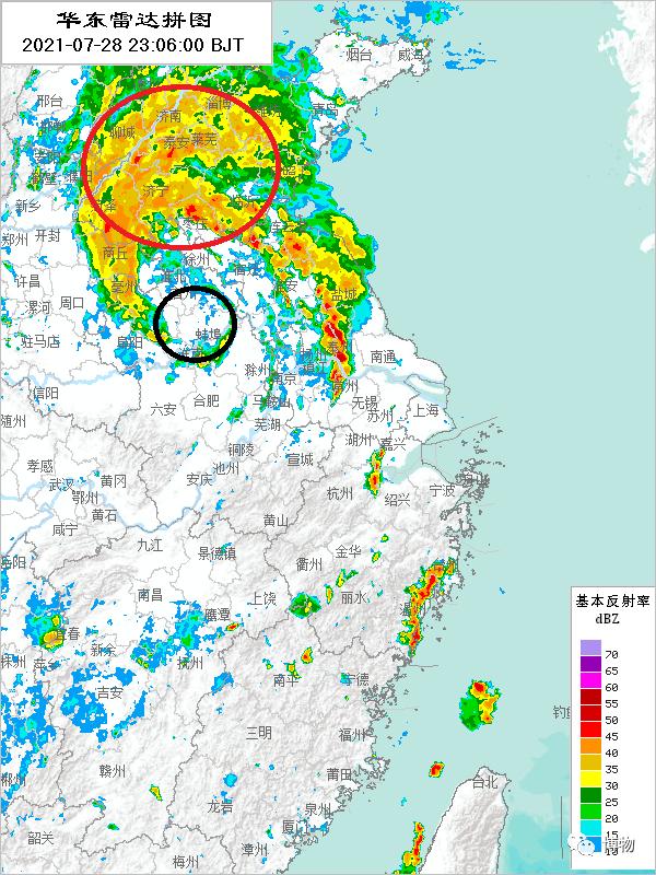 2021年7月28日深夜的华东区域雷达图。此时2021年第6号台风“烟花”中心在蚌埠西北侧不远（黑色圈），但主要的降雨区（红色圈）已位于台风中心北侧的倒槽区。