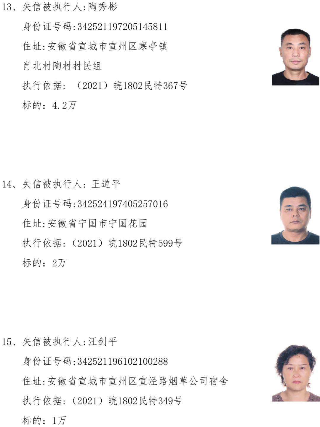 失信名单我院公布2021年度第八期失信被执行人个人信息