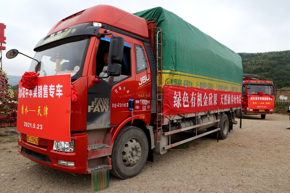 当天50吨清水花牛苹果运往全国各地,让清水农产品走向广阔的大市场.