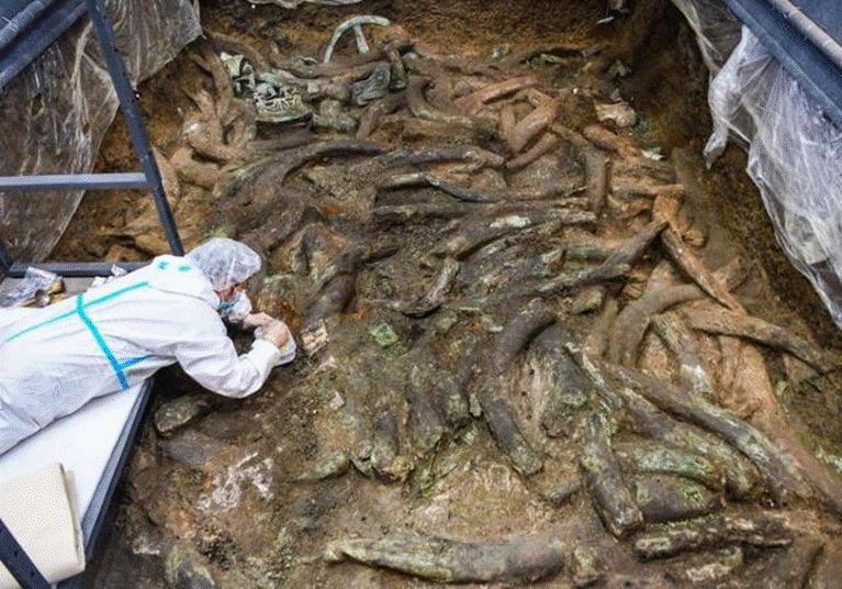 9月7日，考古人员在四川德阳广汉市三星堆考古发掘现场8号“祭祀坑”内工作。摄影/新华社记者王曦