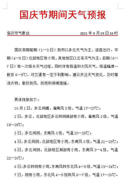 雨,大風,降溫齊上陣!國慶臨沂天氣預報來了!