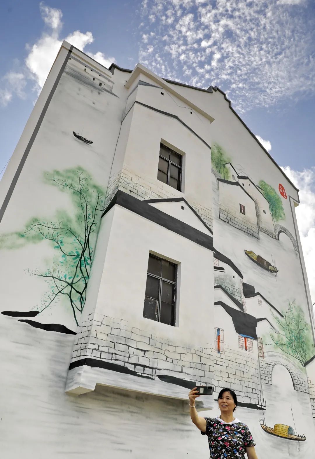 金山这个小区的墙上出现了"江南水乡"