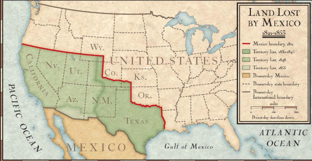 (图为美国对墨西哥发动战争前的两国版图,图片来自网络)其中最恶劣的