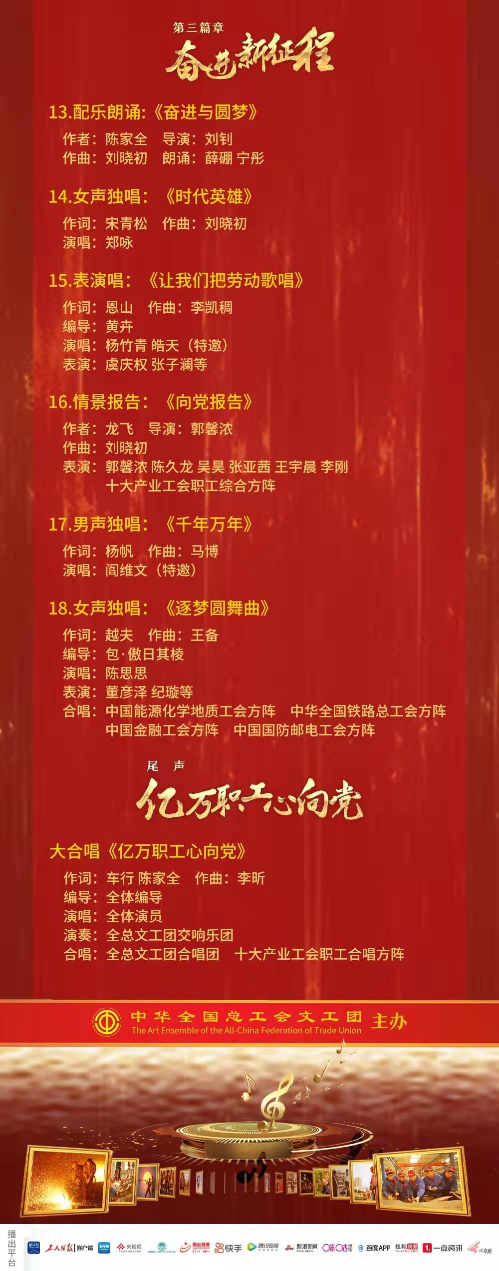 收藏节目单来啦这场亿万职工心向党的演出今晚震撼上演