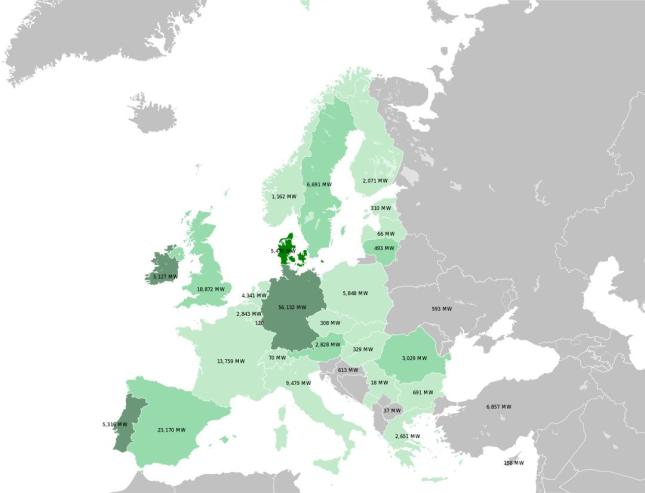 2017年，欧洲各国风力发电在总电力需求中的占比： >40%（丹麦） 20-30%（爱尔兰、德国、葡萄牙） 10-20% （瑞典、英国、立陶宛、罗马尼亚、奥地利、西班牙） <10%（其他欧洲国家） 图片来源：Wikipedia