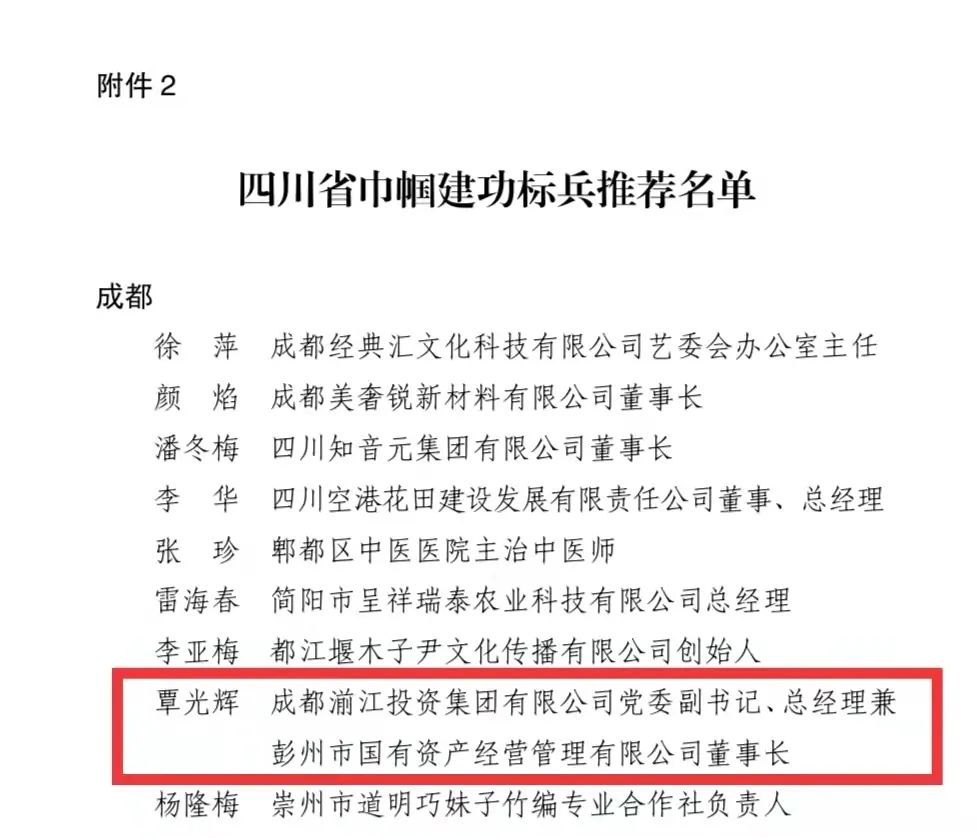 市国有资产经营管理有限公司董事长覃光辉"四川省巾帼建功标兵"称号