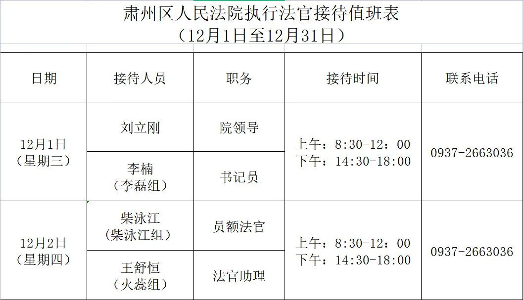 肃州区法院执行公告八关于肃州区人民法院执行局法官接待名单及时间的