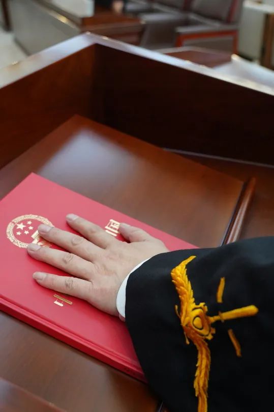 全体员额法官身着法袍,佩戴法徽,面向宪法,面向国旗,在乌市法院副院长
