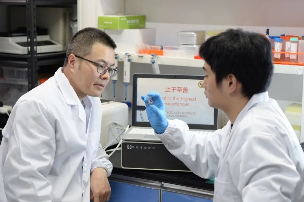 图为东南大学生物电子学国家重点实验室刘宏教授（左）与学生观察DNA存储电极。（东南大学供图）