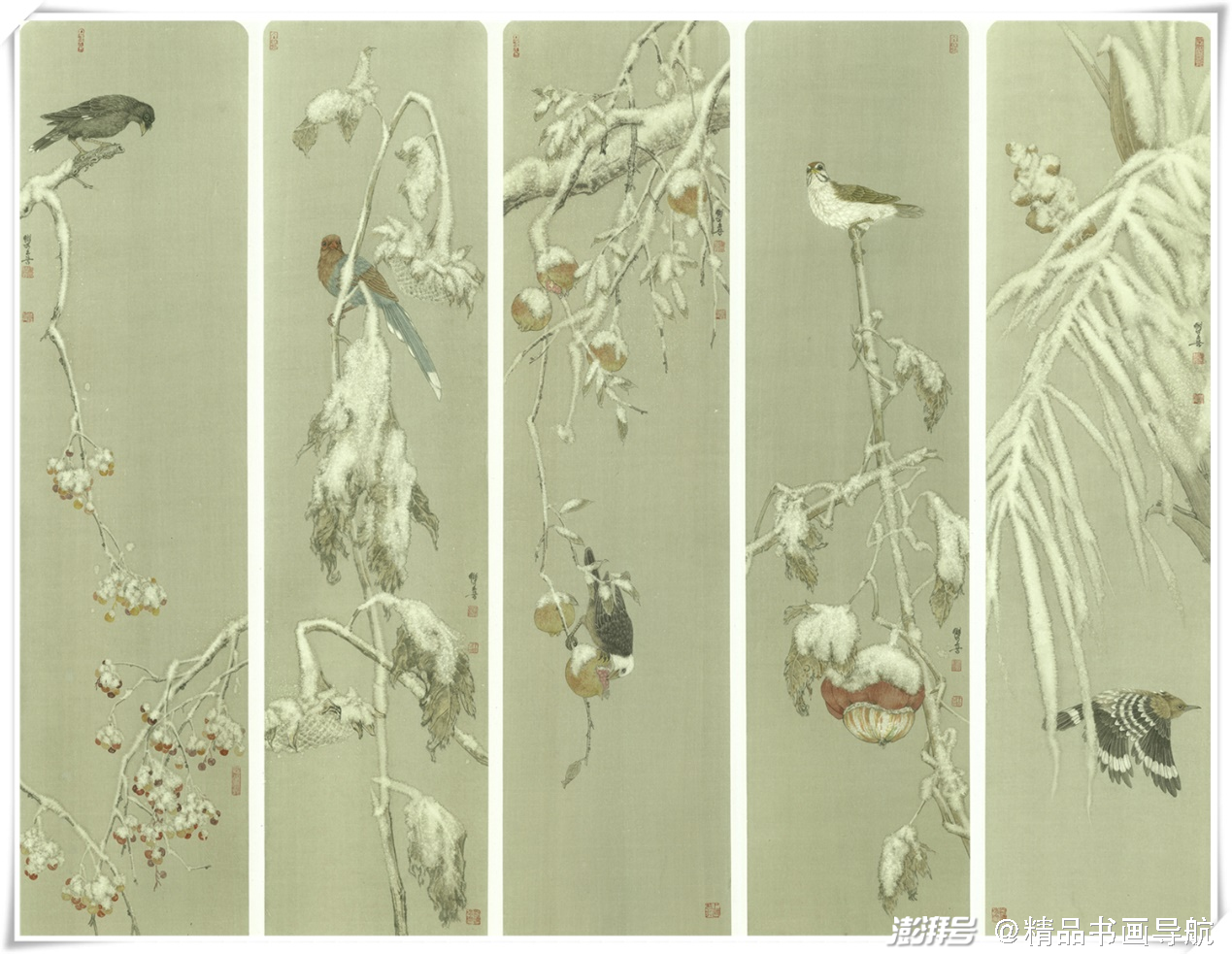 《冰雪花鸟五条屏》34×130cm×5