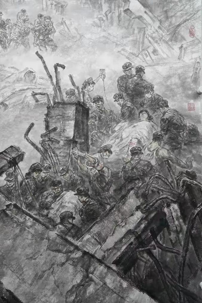 乐亭籍军旅画家王利军巨幅人物画创作唐山抗震救灾被美术杂志连载