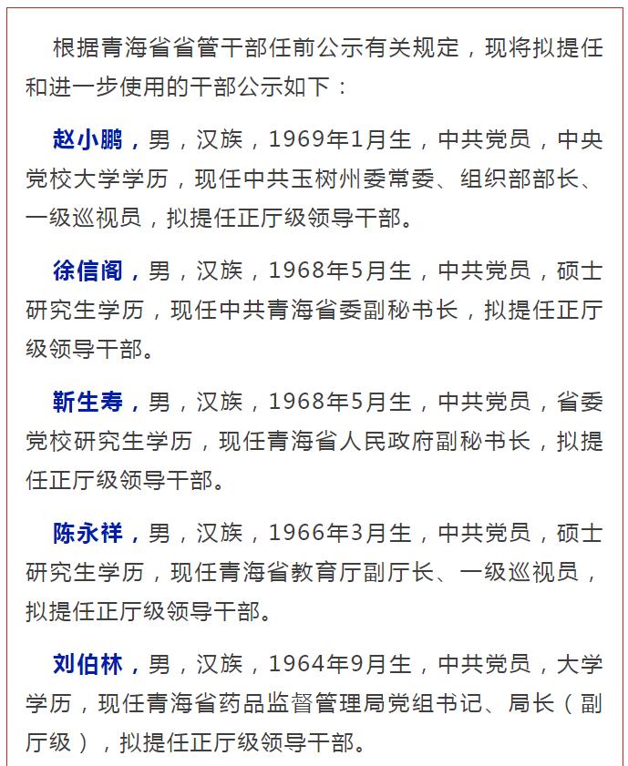 青海省委管理干部任前公示共8人