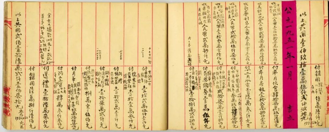 钱均夫在上海居住期间按月记载经济收入与生活支出。图为他在1951年1月账簿中记载的各项收入与支出，其中显示当月中国科学院上海冶金陶瓷研究所的生活补助费为人民币1474100元（旧币）。