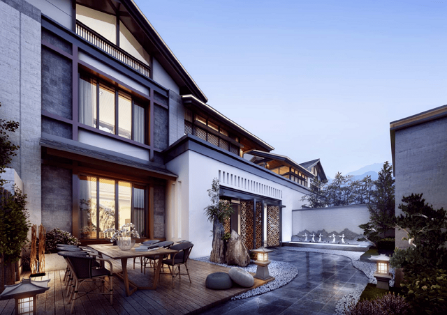 园林式的景观设计,古典的中式建筑,居家式,合院式,群居式的康养,养生