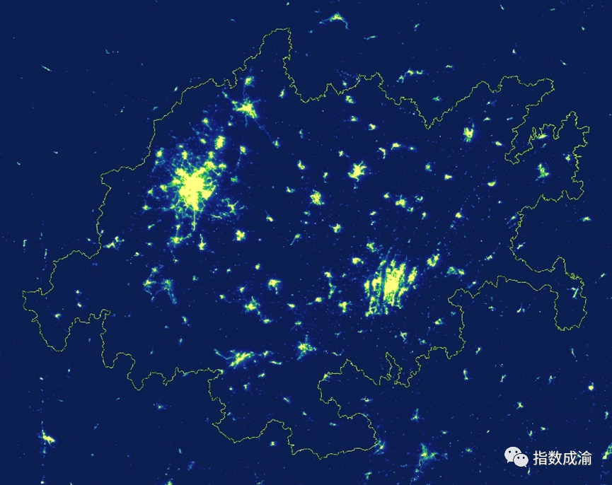 成渝地區雙城經濟圈夜光指數圖(npp virs,2020)燈光璀璨了城市大街