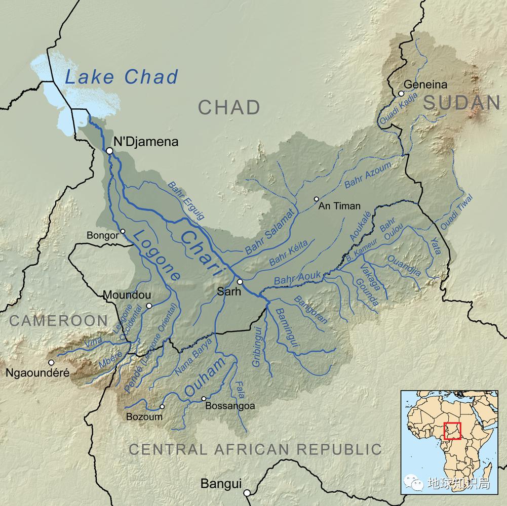 (图:wikipedia)▼查里河和洛贡河是两个主要水源乍得湖流域,湖泊水源
