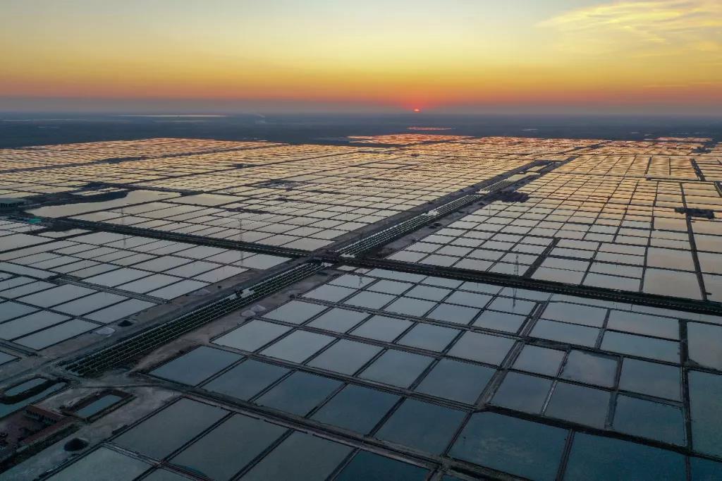 这是2021年12月1日在山东省寿光市羊口镇拍摄的盐田(无人机照片).