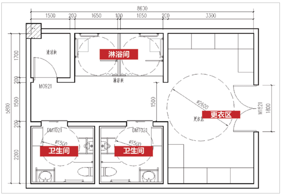 淋浴间净空间为1 650mm(深)×1 650mm(宽),入口采用活动门帘,浴间内外