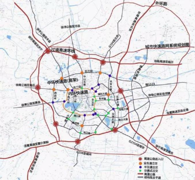 內環快速路由4條高架快速路組成:東三環,西三環,南三環,北二環.