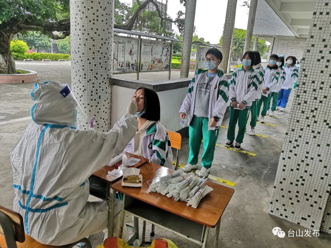 学生有序排队,医护人员高效采样广州大学台山附属中学学生按照一米线