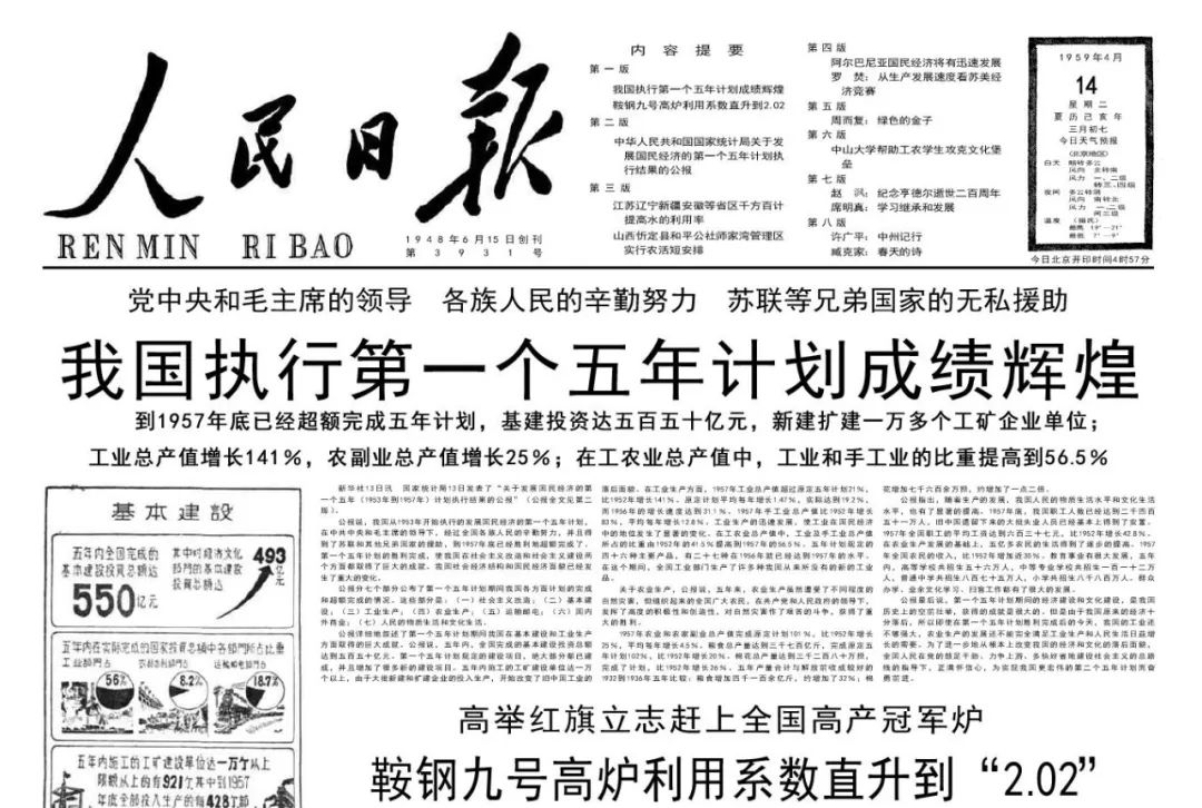 1959年4月14日《人民日报《我国执行第一个五年计划成绩辉煌.