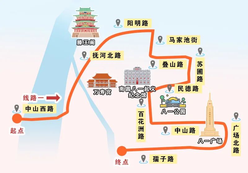 约9公里线路一骑行出一个"虎"字那么,就让我们在南昌的地图上来迎接