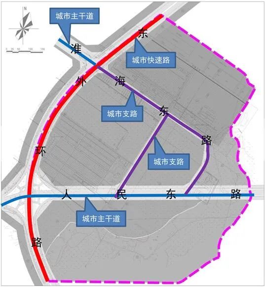 从规划中可见淮海东路延伸的路段将与人民东路向东延伸的路段相连而后
