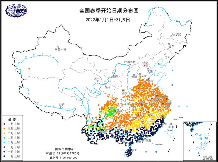 2022年全国春季开始日期分布图