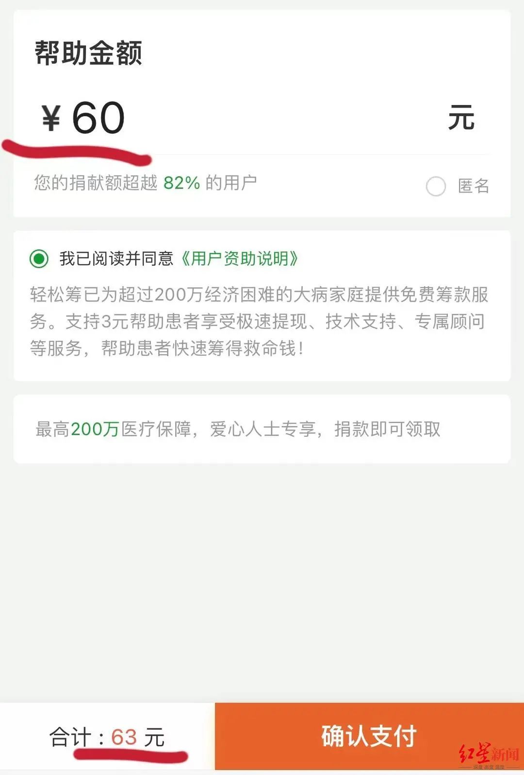 记者捐款60元,实际支付63元