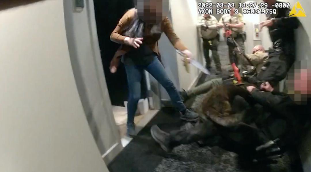 "这时的yan li提着刀就从卧室里冲了出来,直接刺向警察.