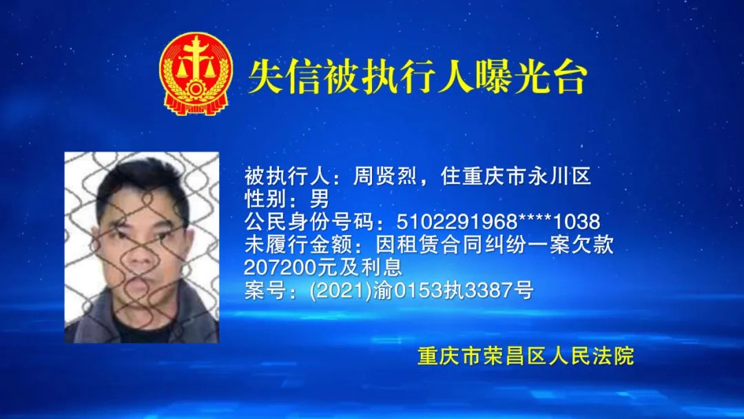 荣昌法院失信被执行人曝光台2022年第3期