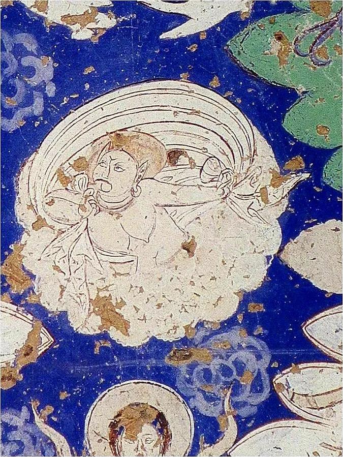 龟兹壁画中的风神伐由(伯瑞阿斯),还是和古希腊版本一样背着风袋