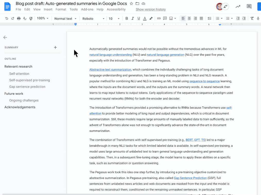 谷歌docs现在已经可以自动生成文本摘要了