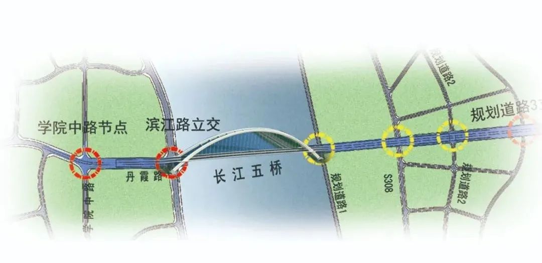 长江五桥此前规划设计图项目道路标准宽度40米,双向六车道,设计时速为