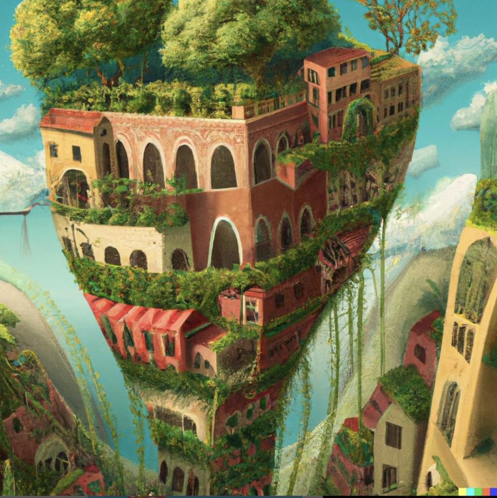 而输入" 位于城市中心的巴比伦空中花园,达利画风",输出的艺术效果