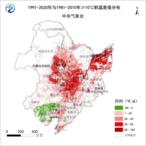 东北地区大部积温增加,其中内蒙古东部,黑龙江西南部和东北部,吉林中