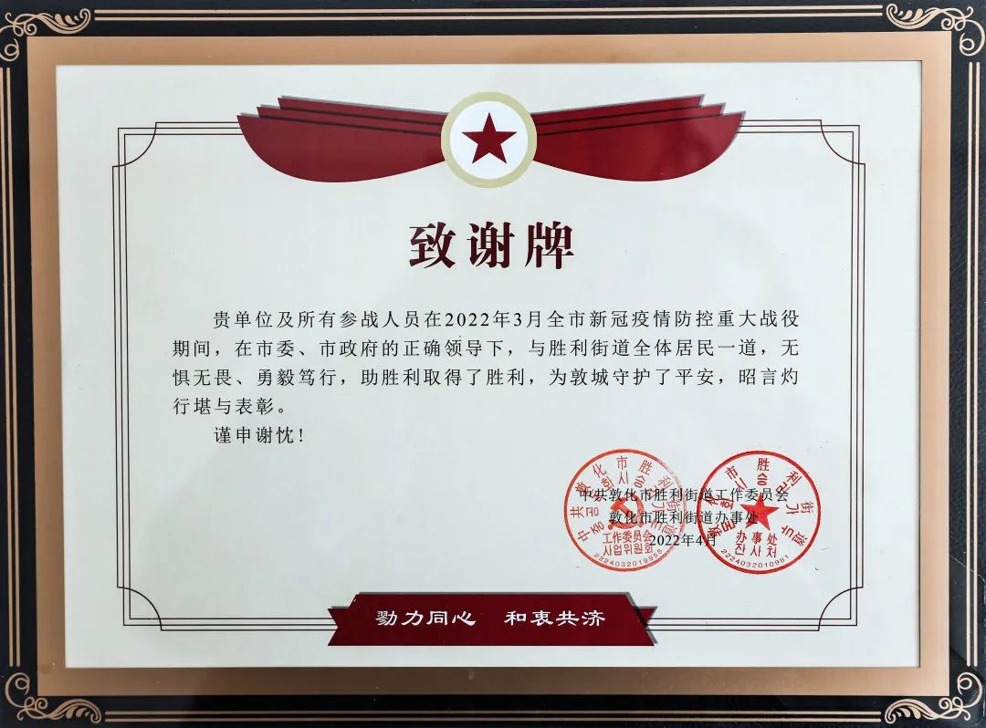 共同抗疫感谢有你敦化法院收到胜利街道的致谢牌