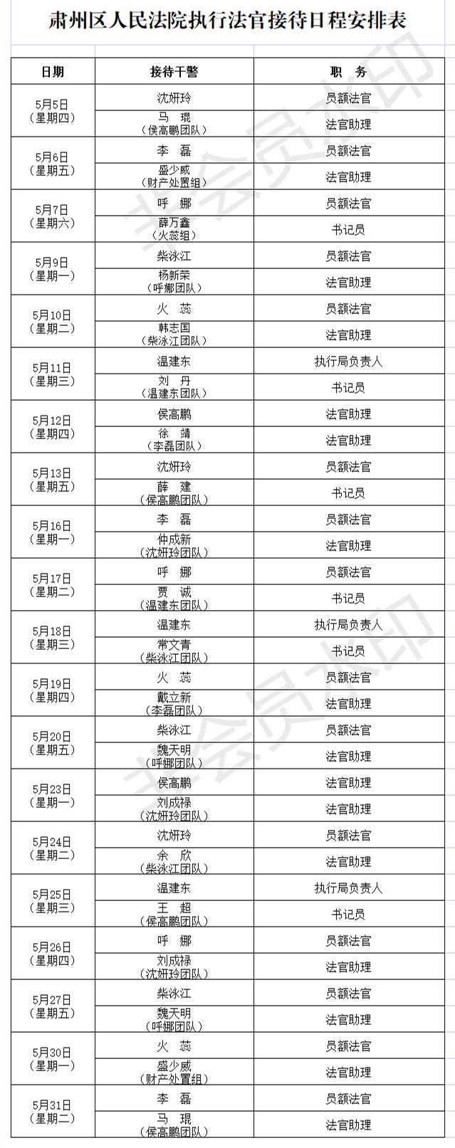 這裡有一份肅州區法院執行法官接待日程安排表請您查收