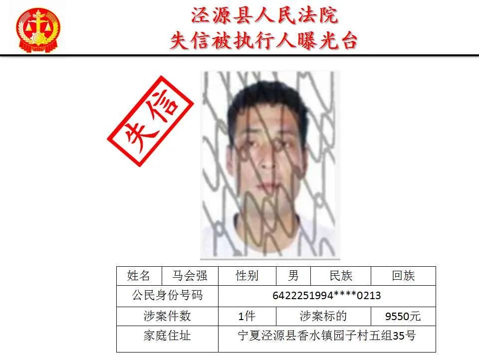 宁夏回族自治区泾源县人民法院关于公布失信被执行人名单公告2022第3
