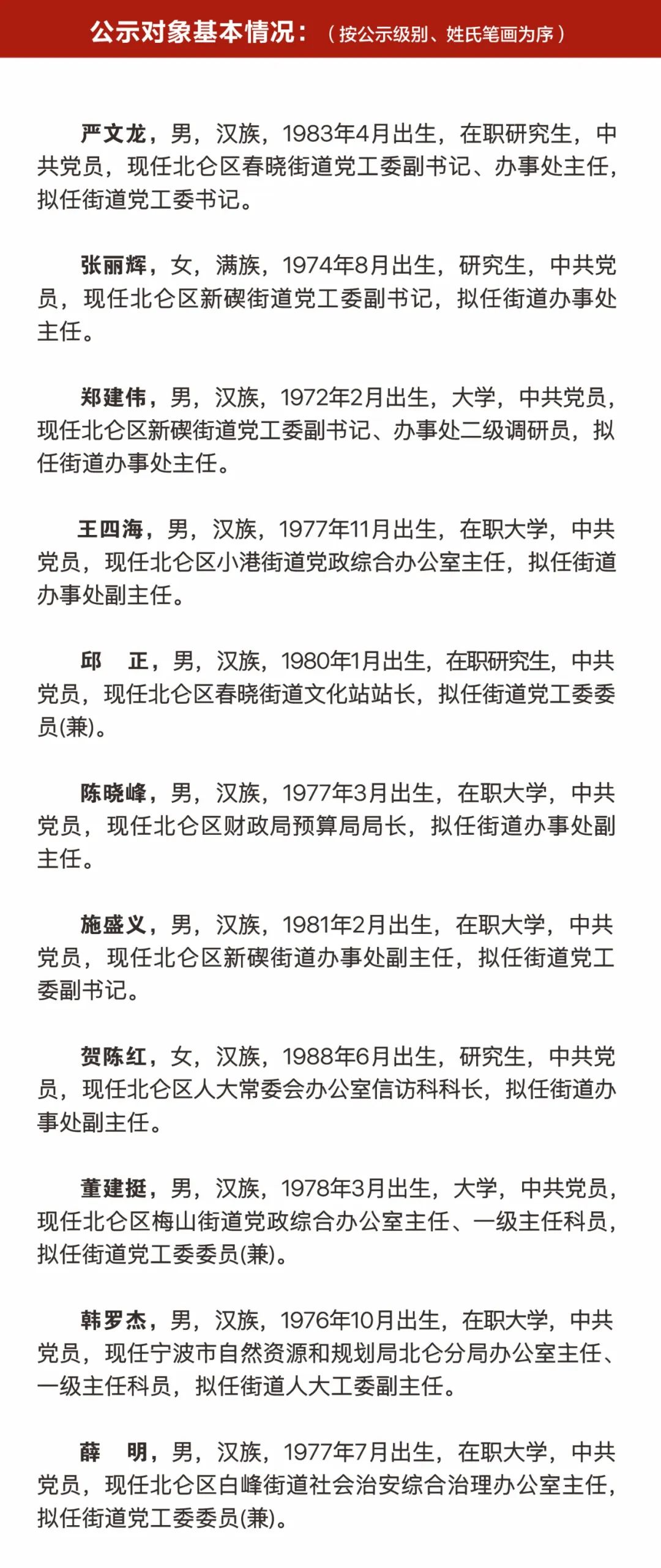 宁波市北仑区领导干部任前公示通告