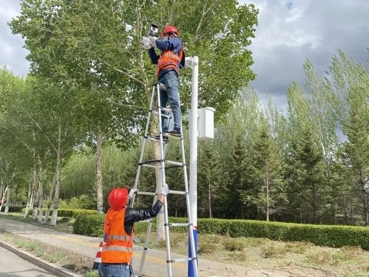 在迎宾大道"雪亮工程"施工现场,工人们正加班加点进行摄像头安装工作
